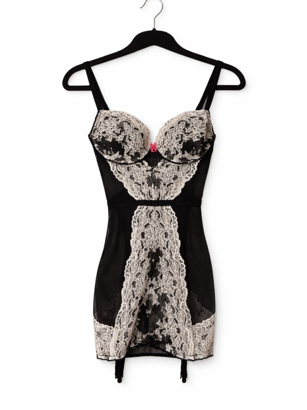Victoria’s Secret Lace Bustier Corset 34C Black Cream Garter Lingerie